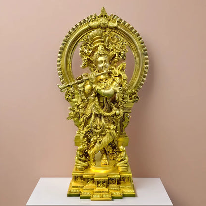 Brassaura® Superfine Brass Lord Krishna Statue with Large Embossed Prabhavali Frame | Pure Brass Handcrafted Krishna Murti with Intricate Engraved Base & Apsara Detailing | Home Temple, Living Room & Luxury Décor | Height 32 Inches | Weight 35 Kg
