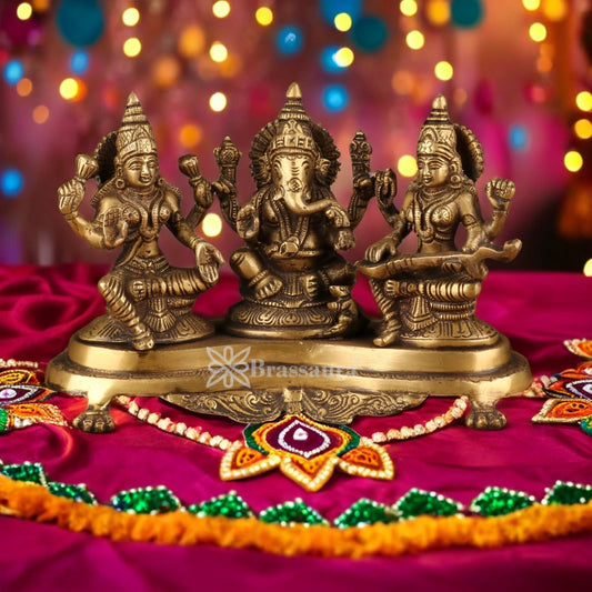 Brassaura™ Handcrafted Brass Antique Laxmi Ganesha Saraswati Statue – Height 6.5" & Weight 3.2 Kgs | Devotional Décor,