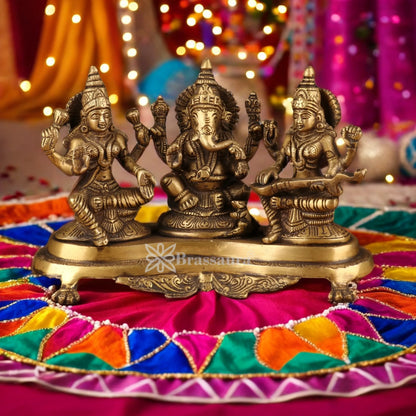 Brassaura™ Handcrafted Brass Antique Laxmi Ganesha Saraswati Statue – Height 6.5" & Weight 3.2 Kgs | Devotional Décor,