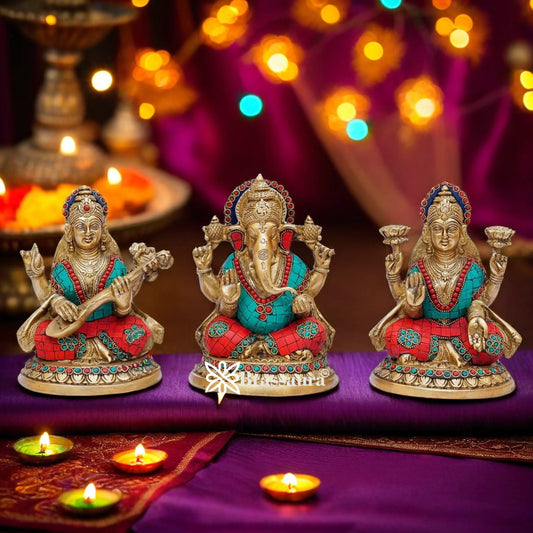 Brassaura™ Premium Brass Gem Stone Work Laxmi Ganesha Saraswati Idol – Height 8 Inches & Weight 8.5 Kgs | Hindu God Sculpture