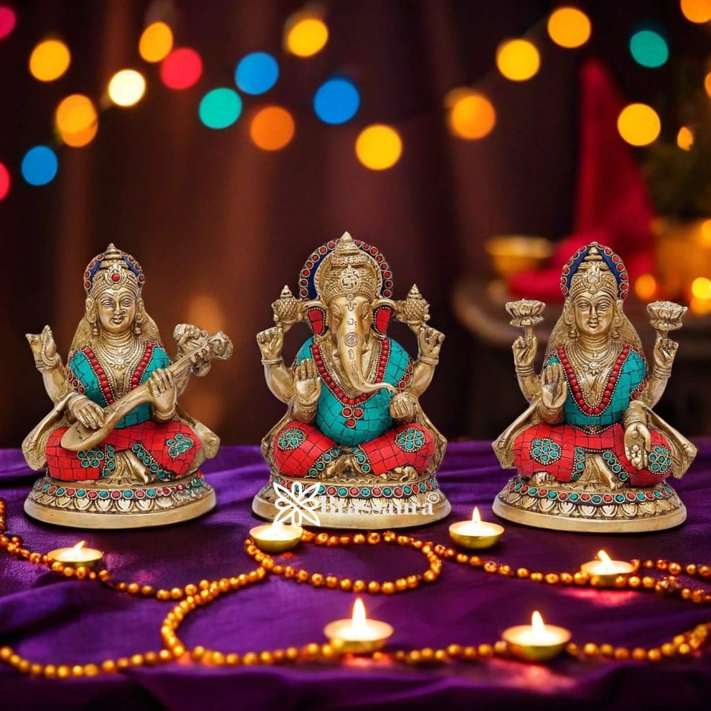 Brassaura™ Premium Brass Gem Stone Work Laxmi Ganesha Saraswati Idol – Height 8 Inches & Weight 8.5 Kgs | Hindu God Sculpture