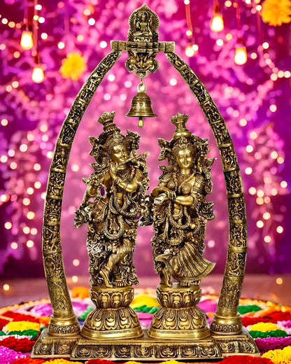 Brassaura™ Brass Radha Krishna Idol Pair with Arch & Krishna Leelas – Height 29 Inches & Weight 65 Kgs | Divine Devotional Statue