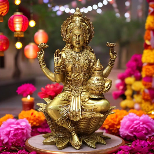 Brassaura™ Brass Laxmi Murti – Height 12 Inches & Weight 5.5 Kgs | Hindu Goddess Idol
