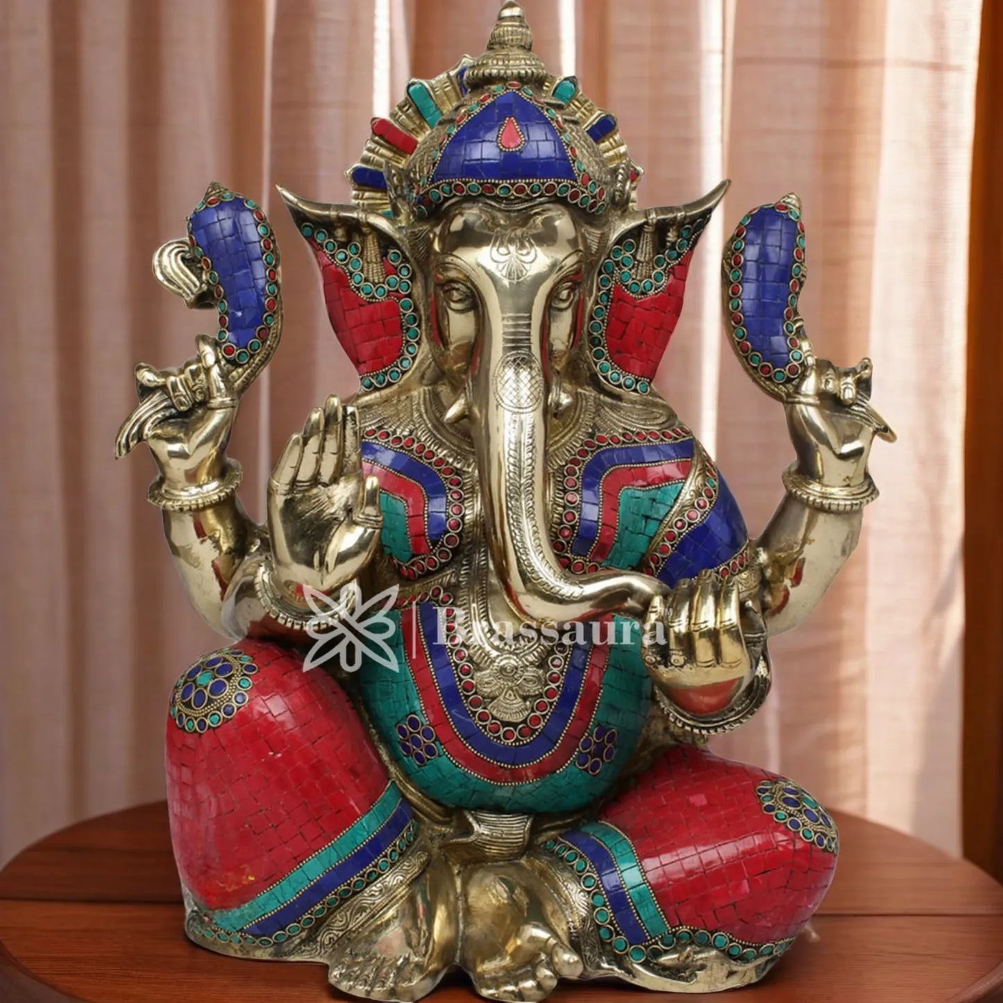 Brassaura™ Brass Gem Stone Work Jewellery Ganesha Idol for Home Décor | Weight 22.5 Kgs | Height 21 Inches