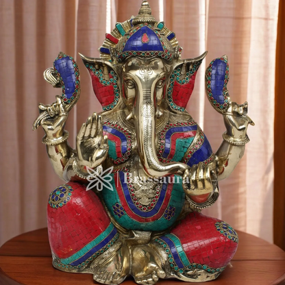 Brassaura™ Brass Gem Stone Work Jewellery Ganesha Idol for Home Décor | Weight 22.5 Kgs | Height 21 Inches