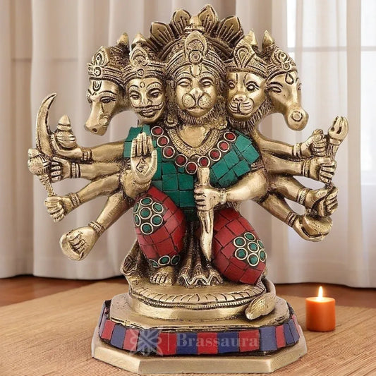 Brassaura™ Brass Sankat Mochan Panch-Mukhi Gem Stone Work, Height 8.4 Inches & Weight 2.3 Kgs