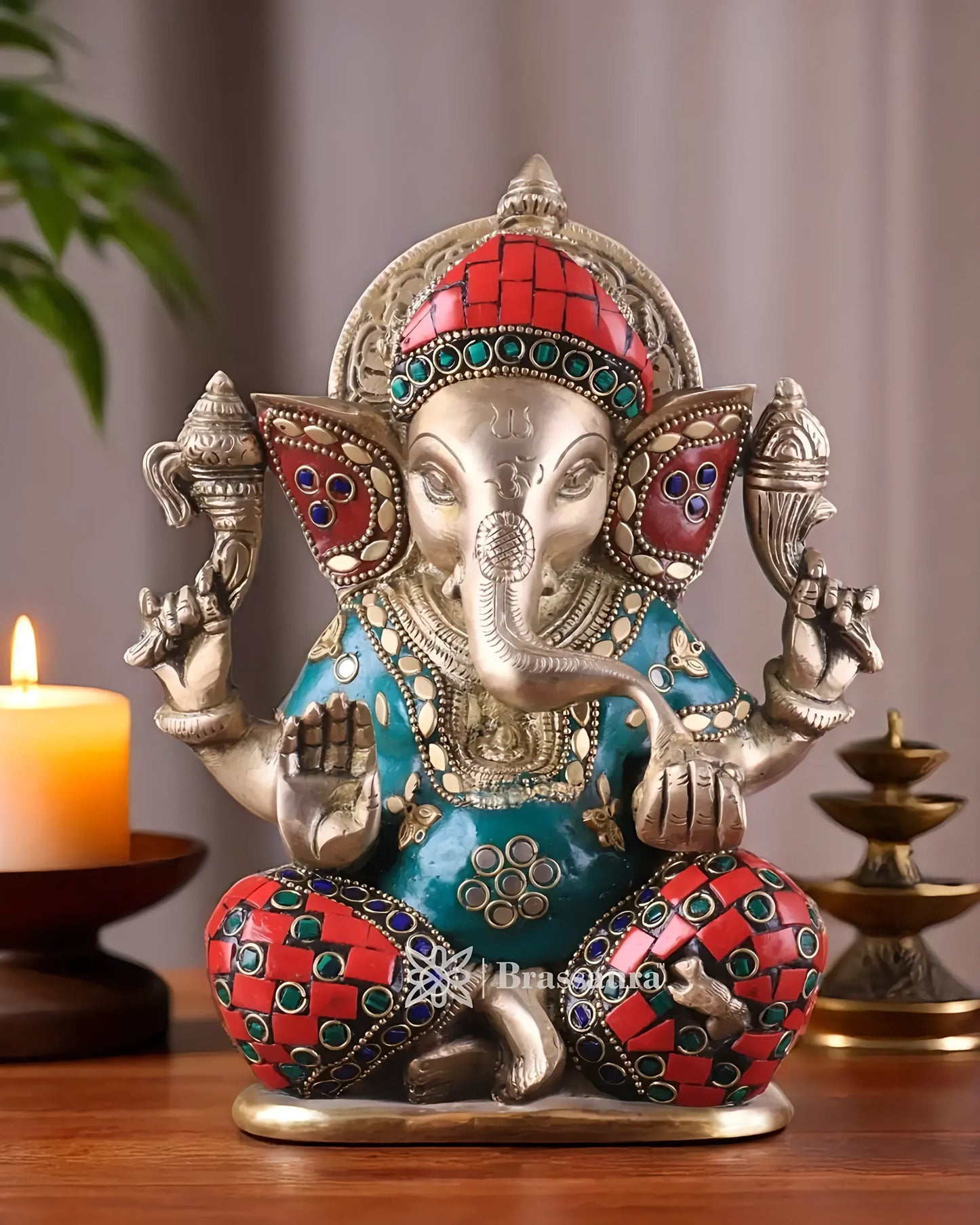 Brassaura™ Brass Taj Ganesha Idol with Stonework – 8" Height, 3 kg – Intricately Crafted with Sharp Features