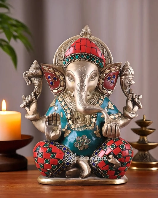 Brassaura™ Brass Taj Ganesha Idol with Stonework – 8" Height, 3 kg – Intricately Crafted with Sharp Features