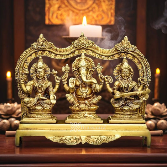 Brassaura™ Traditional Brass Laxmi Ganesha Saraswati Murti – Height 7.9 Inches & Weight 3.8 Kgs | Puja & Home Décor