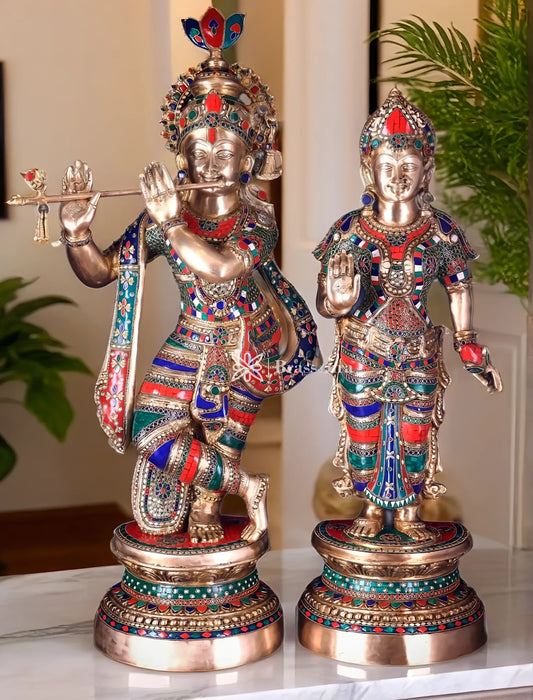 Brassaura™ Handcrafted Brass Radha Krishna Statues with Meenakari – Height 36 Inches & Weight 40 Kgs | Elegant Devotional Masterpiece