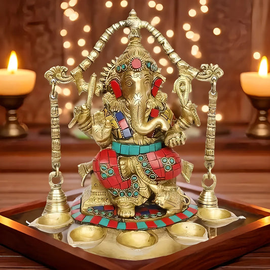 Brassaura™ Brass Jhula Gemstone Work Ganesha Murti – Height 11.02 inches | Weight 3.5 kgs