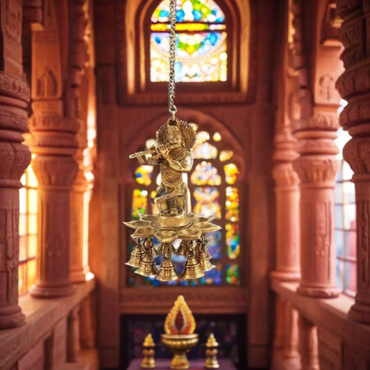 Brass Gem Stone Work Krishna Diya for Home and Decor Weight 1.25 Kg Height 10.2 inches