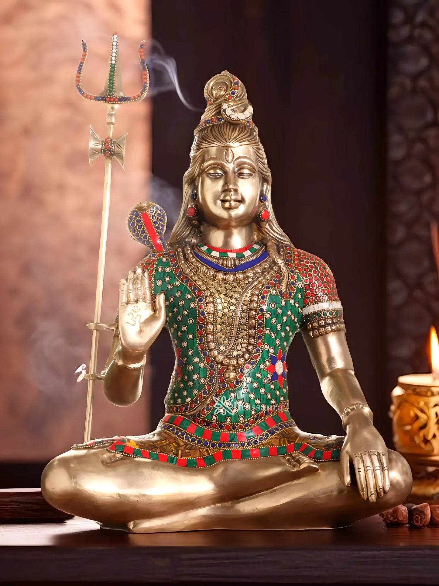 Brassaura™ Brass Gem Stone Work Shiva Idol – Height 20 Inches & Weight 12 Kgs | Spiritual Home Décor