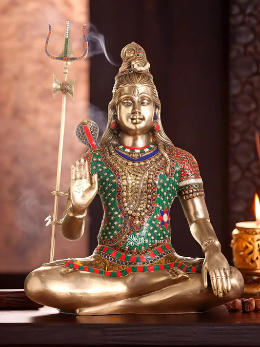 Brassaura™ Brass Gem Stone Work Shiva Idol – Height 20 Inches & Weight 12 Kgs | Spiritual Home Décor
