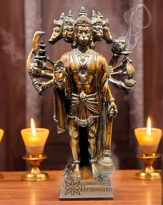 Brassaura™ Handcrafted Superfine Brass Panchmukhi Hanuman Idol – Height 14 Inches & Weight 5.5 Kgs | Intricately Engraved Base