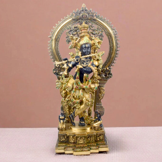Brassaura® Brass Krishna Statue on Engraved Base with Frame | Height 32 Inches