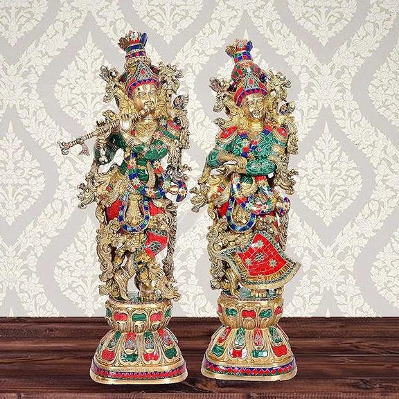 Brassaura® Brass Radha Krishna Statue Pair | 29 Inch Large Brass Idols | Handcrafted Divine Murti Set for Home & Temple