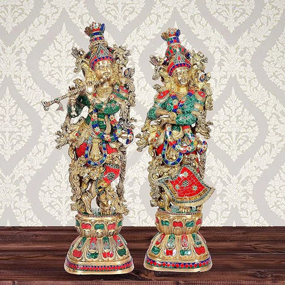 Brassaura® Brass Radha Krishna Statue Pair | 29 Inch Large Brass Idols | Handcrafted Divine Murti Set for Home & Temple
