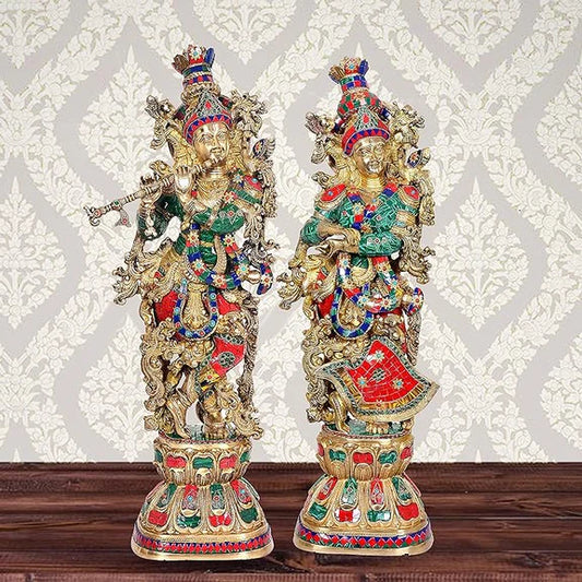 Brassaura® Brass Radha Krishna Statue Pair | 29 Inch Large Brass Idols | Handcrafted Divine Murti Set for Home & Temple