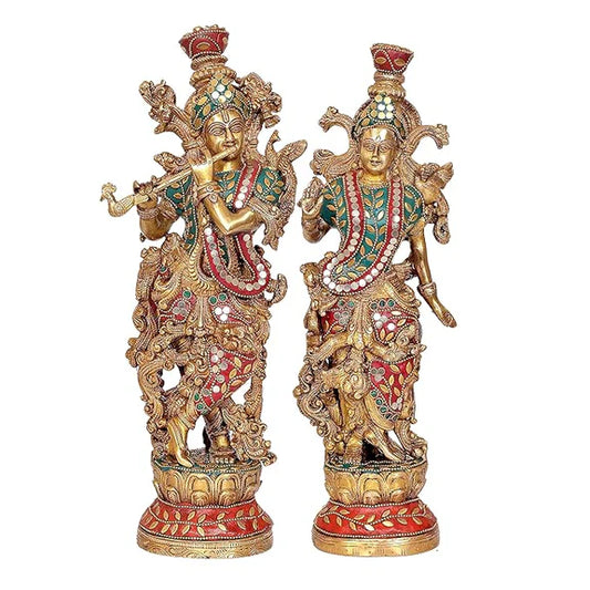 Brassaura® Brass Radha Krishna Idol | 13.5 Inch Golden Brass Statue | Decorative Murti for Home & Mandir