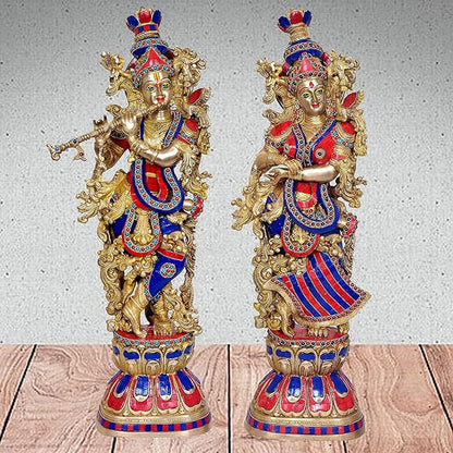 ब्रासोरा® वृंदावन वेणुगोपाल कृष्ण पीतल की प्रतिमा मोर के साथ | एंटीक नीला और सुनहरा रंग | ऊँचाई 20 इंच
