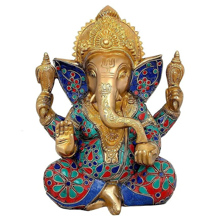 Brassaura® Brass Lord Ganesha Idol | 9 Inch Golden Ganpati Statue with Stonework | Handcrafted Brass Murti for Home & Mandir
