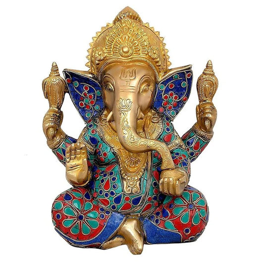 Brassaura® Brass Lord Ganesha Idol | 9 Inch Golden Ganpati Statue with Stonework | Handcrafted Brass Murti for Home & Mandir