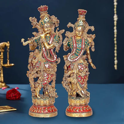 Brassaura® Brass Radha Krishna Idol | 13.5 Inch Golden Brass Statue | Decorative Murti for Home & Mandir