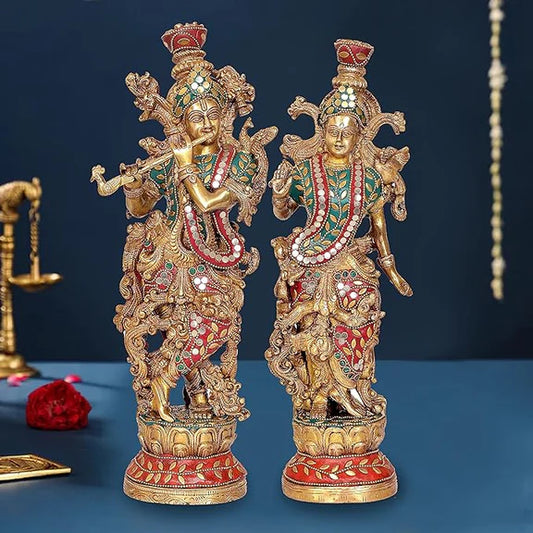 Brassaura® Brass Radha Krishna Idol | 13.5 Inch Golden Brass Statue | Decorative Murti for Home & Mandir