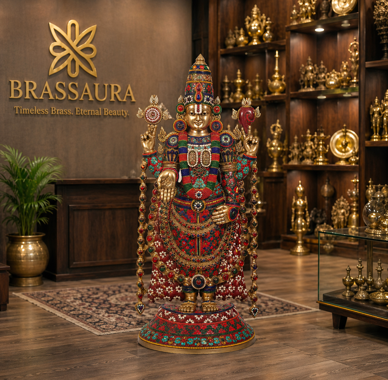 Brassaura® Brass Tirupati Balaji Idol with Stonework for Home Temple | Height 38.5 Inches
