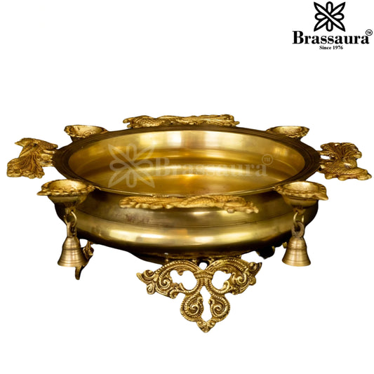 Brassaura® Mayur Brass Urli with Lamps & Bells | Handcrafted Decorative Centerpiece | Height 6.5 Inches & Weight 7 Kgs