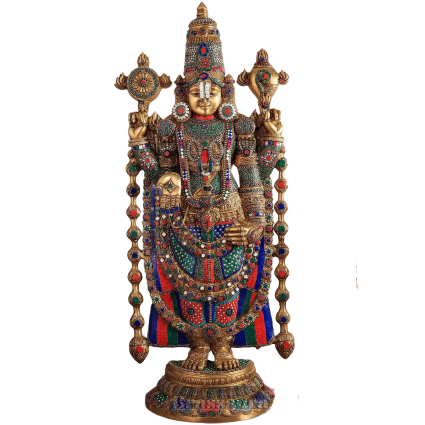 Brassaura™ Brass Lord Venkateshwara Statue with Meenakari Stonework & Deepak Set – 48 Inches, 49 Kgs Idol + 30 Inches, 20 Kgs Deepaks