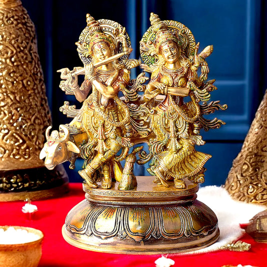 Brassaura® Brass Radha Krishna with Kamdhenu Idol | Height 17 Inches