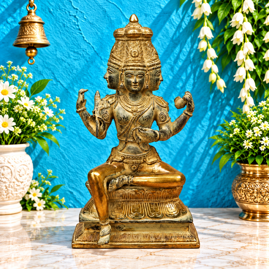 Brassaura® Lord Brahma Seated Idol with Antique Golden Finish | Pure Superfine Brass Handcrafted Murti | Brass Statue for Home Temple, Pooja Room | Height 16 Inches | Weight 7.6 Kgs