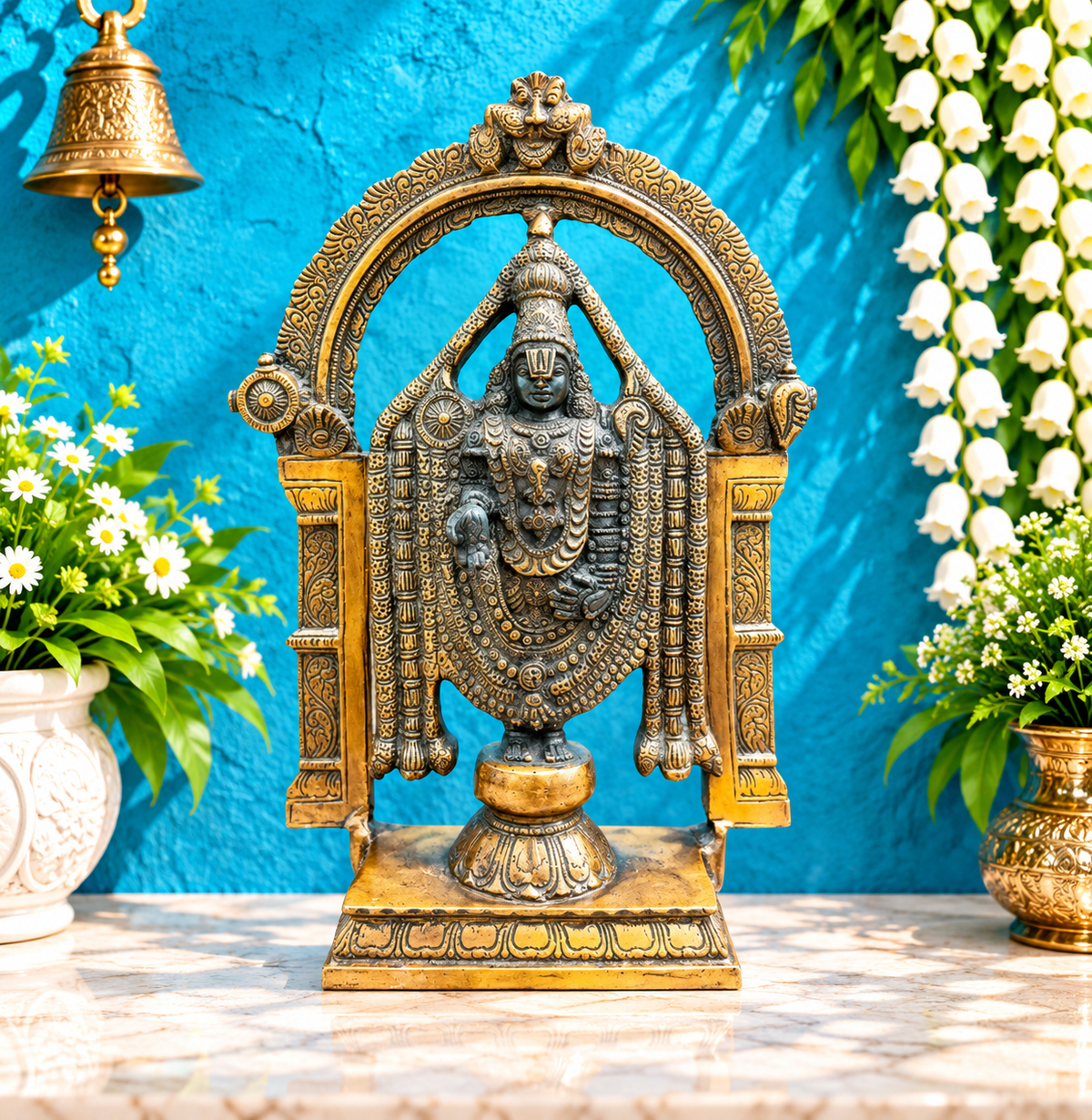 Brassaura® Balaji Venkateswara Brass Statue with Arch | Black & Gold Finish | Height 13 Inches & Weight 9 Kgs