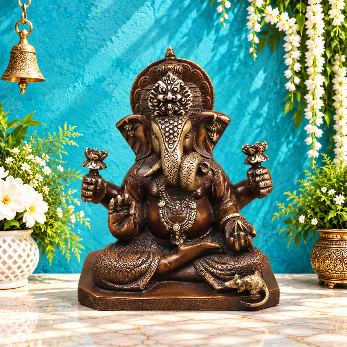 ब्रासोरा® वृंदावन वेणुगोपाल कृष्ण पीतल की प्रतिमा मोर के साथ | एंटीक नीला और सुनहरा रंग | ऊँचाई 20 इंच