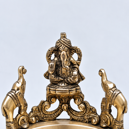 Brassaura® Ganesha Urli with Elephant Backrest and Antique Finish | Pure Superfine Brass Handcrafted Murti | Brass Statue for Home Temple, Pooja Room | Height 7.5 Inches | Weight 1.66 Kgs