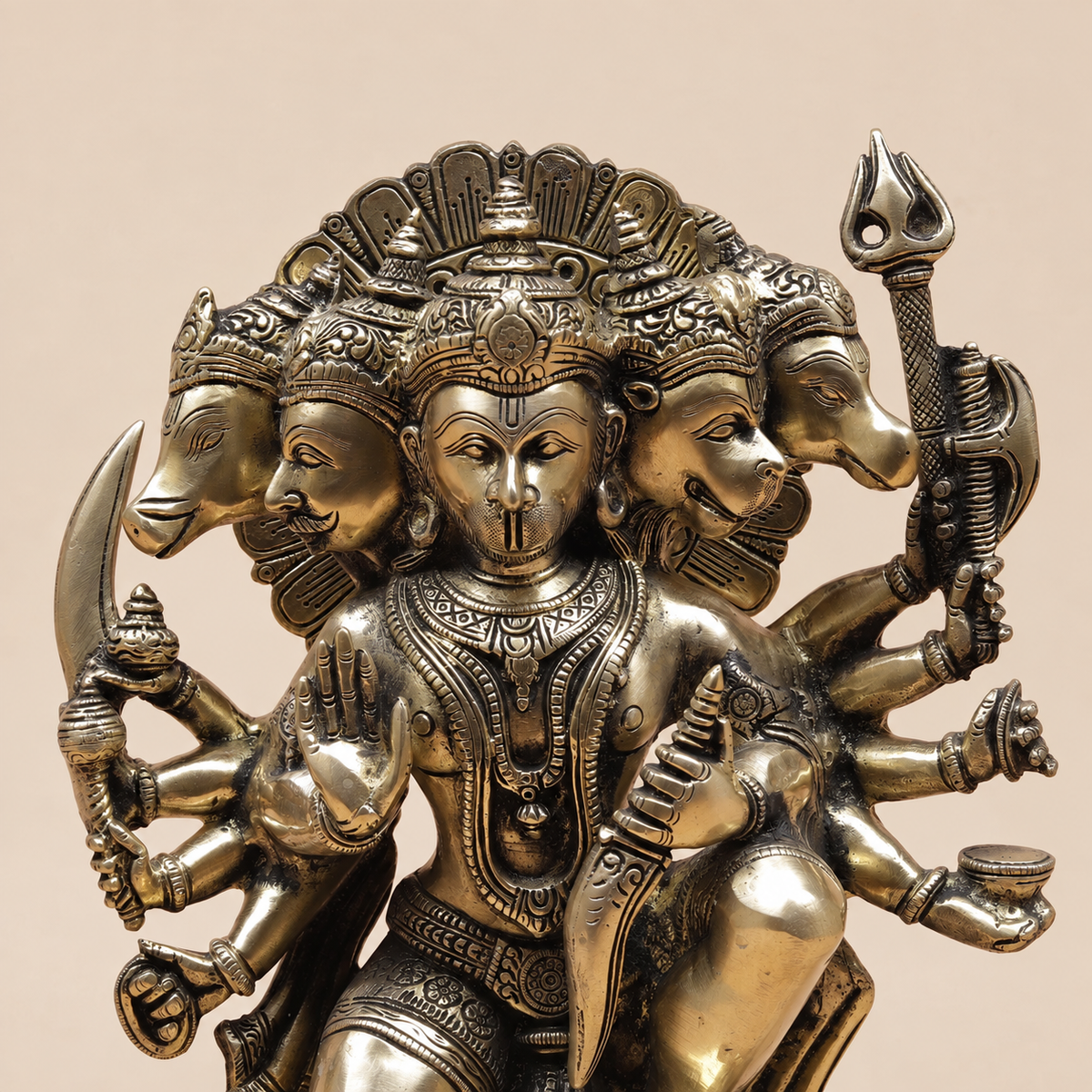 Brassaura® Panchmukhi Hanuman Seated Idol with Antique Brass Finish | Pure Superfine Brass Handcrafted Murti | Brass Statue for Home Temple, Pooja Room | Height 11 Inches | Weight 5.98 Kgs