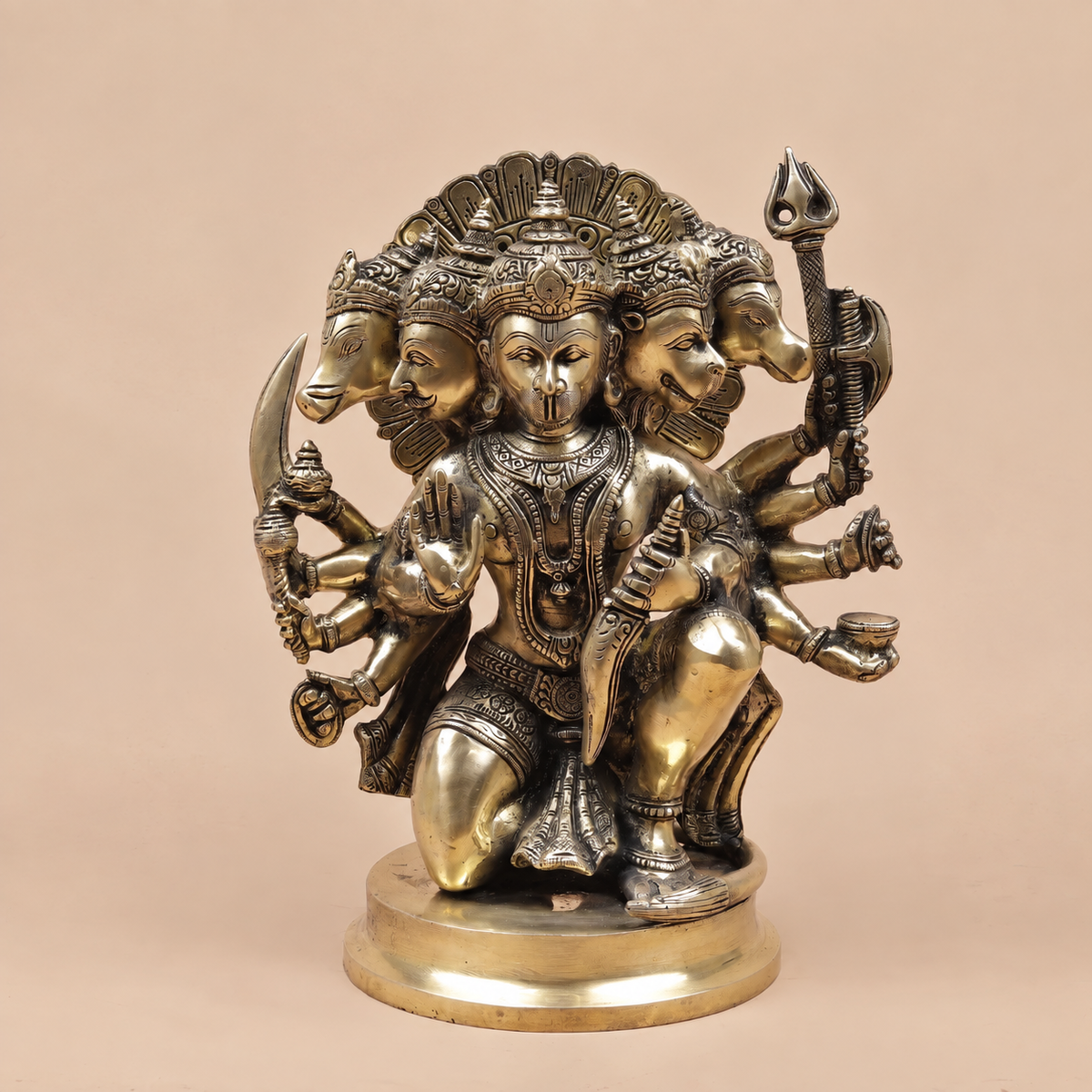 Brassaura® Panchmukhi Hanuman Seated Idol with Antique Brass Finish | Pure Superfine Brass Handcrafted Murti | Brass Statue for Home Temple, Pooja Room | Height 11 Inches | Weight 5.98 Kgs