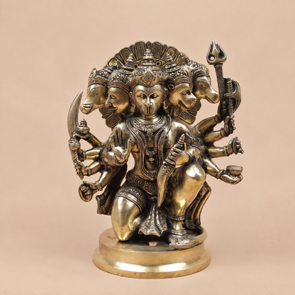 Brassaura® Panchmukhi Hanuman Seated Idol with Antique Brass Finish | Pure Superfine Brass Handcrafted Murti | Brass Statue for Home Temple, Pooja Room | Height 11 Inches | Weight 5.98 Kgs