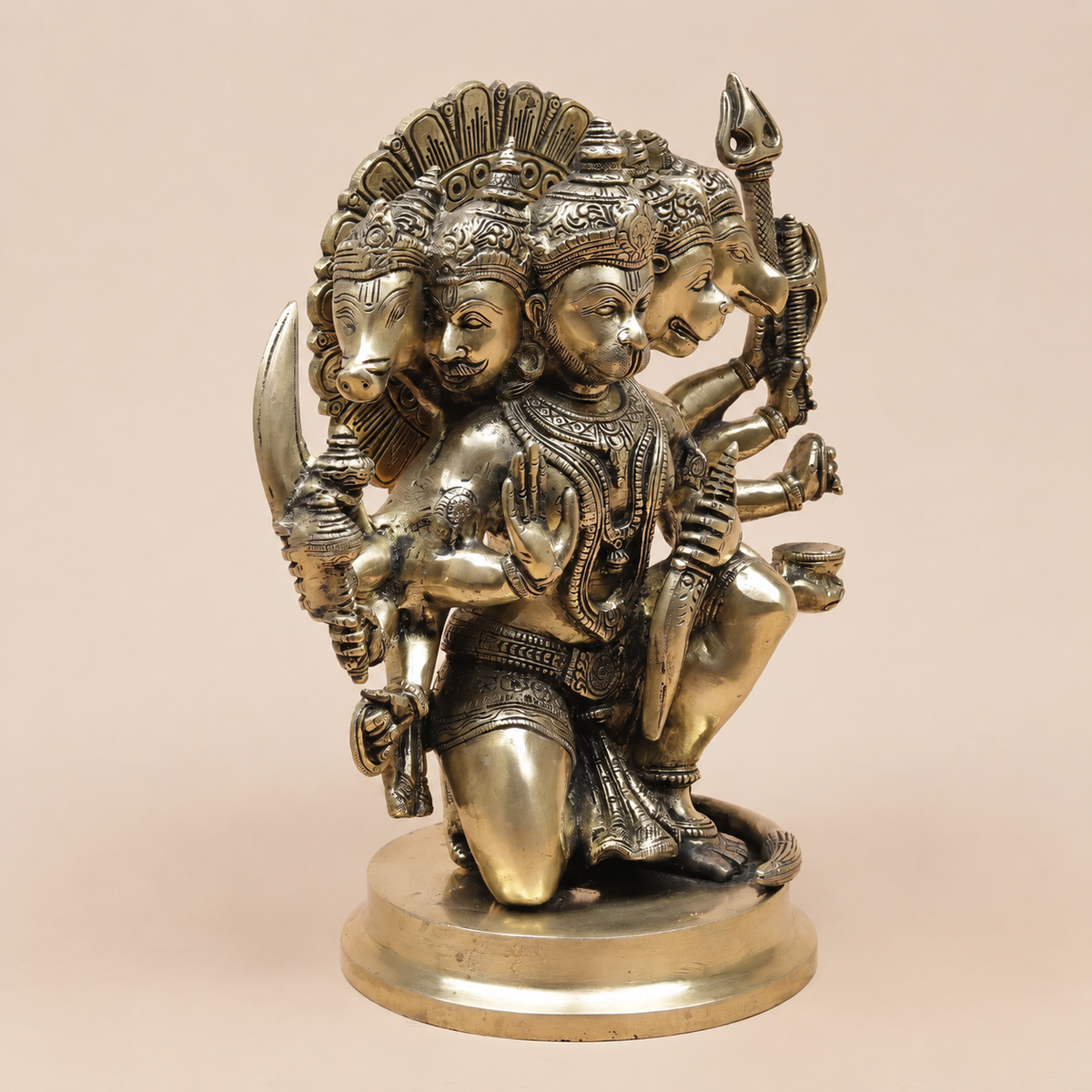 Brassaura® Panchmukhi Hanuman Seated Idol with Antique Brass Finish | Pure Superfine Brass Handcrafted Murti | Brass Statue for Home Temple, Pooja Room | Height 11 Inches | Weight 5.98 Kgs