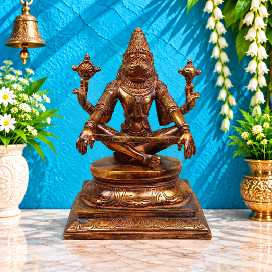 Brassaura® Narasimha Seated Idol with Antique Golden & Dark Patina Finish | Pure Superfine Brass Handcrafted Murti | Brass Statue for Home Temple, Pooja Room | Height 10.5 Inches | Weight 6.3 Kgs