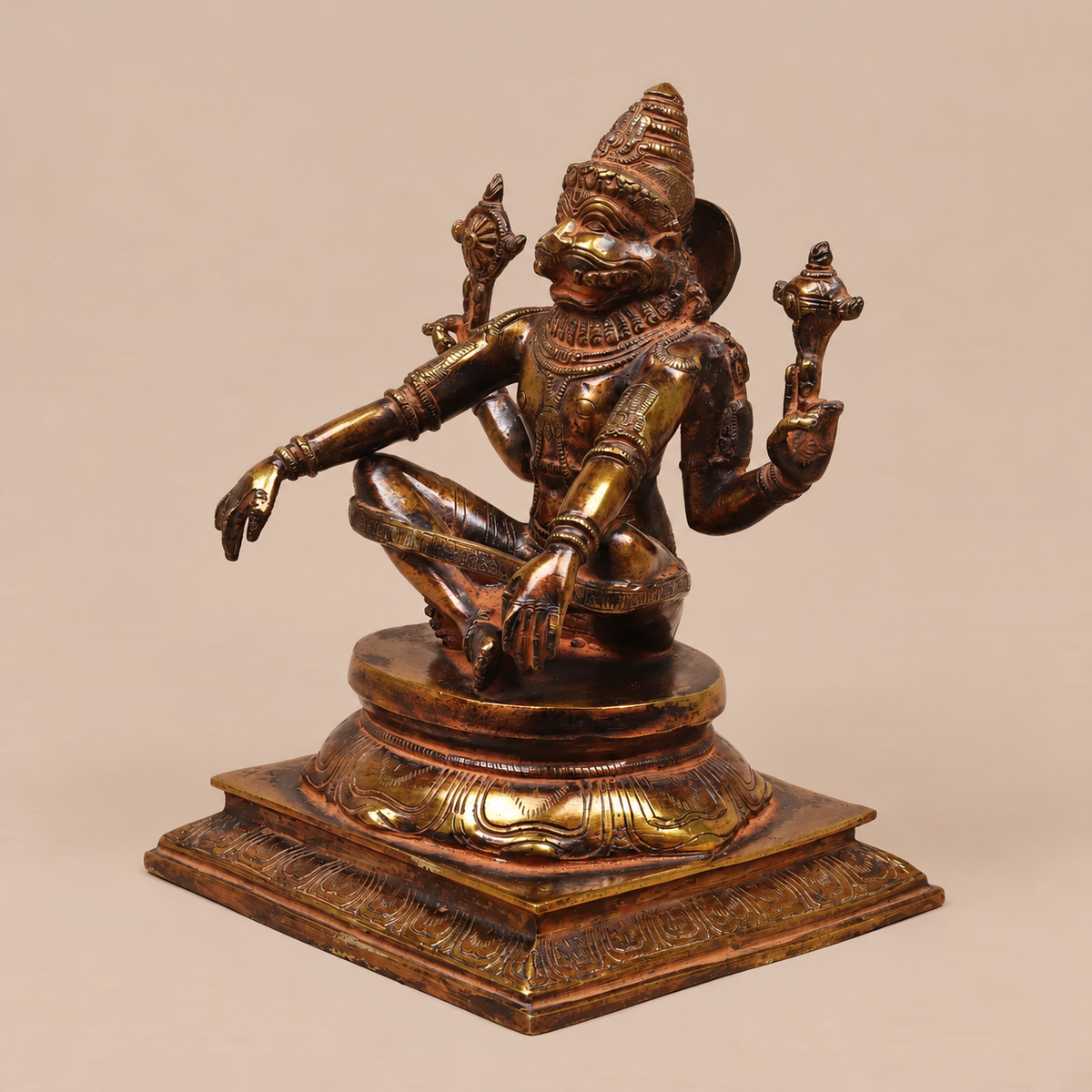 Brassaura® Narasimha Seated Idol with Antique Golden & Dark Patina Finish | Pure Superfine Brass Handcrafted Murti | Brass Statue for Home Temple, Pooja Room | Height 10.5 Inches | Weight 6.3 Kgs
