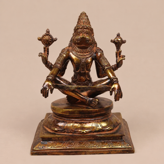 Brassaura® Narasimha Seated Idol with Antique Golden & Dark Patina Finish | Pure Superfine Brass Handcrafted Murti | Brass Statue for Home Temple, Pooja Room | Height 10.5 Inches | Weight 6.3 Kgs