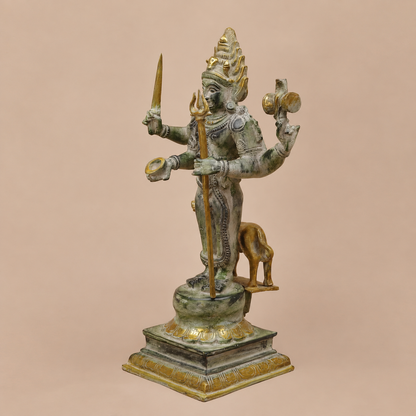 Brassaura® Lord Bhairava Standing Idol with Green & Golden Patina Finish | Pure Superfine Brass Handcrafted Murti | Brass Statue for Home Temple, Pooja Room | Height 17.5 Inches | Weight 8.32 Kgs