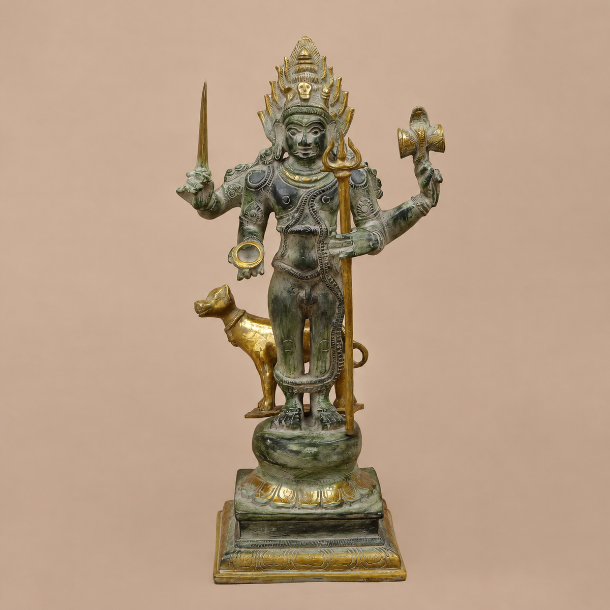 Brassaura® Lord Bhairava Standing Idol with Green & Golden Patina Finish | Pure Superfine Brass Handcrafted Murti | Brass Statue for Home Temple, Pooja Room | Height 17.5 Inches | Weight 8.32 Kgs