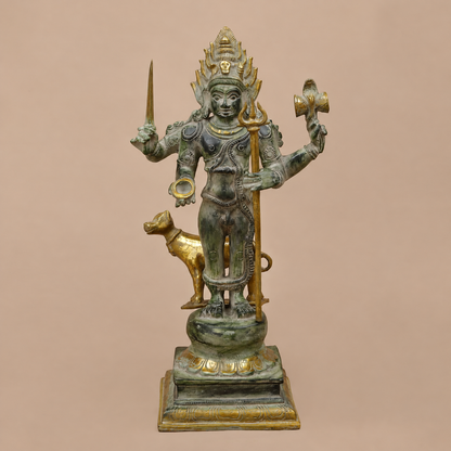 Brassaura® Lord Bhairava Standing Idol with Green & Golden Patina Finish | Pure Superfine Brass Handcrafted Murti | Brass Statue for Home Temple, Pooja Room | Height 17.5 Inches | Weight 8.32 Kgs