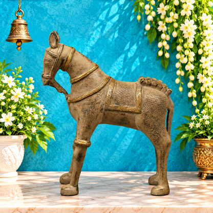 Brassaura® Brass Horse Statue | Decorative Standing Horse Figurine with Traditional Handcrafted Detailing | Premium Brass Sculpture for Home Décor, Office, Vastu & Gifting | 12.5 Inches | 5.08 Kg
