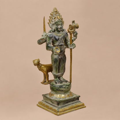Brassaura® Lord Bhairava Standing Idol with Green & Golden Patina Finish | Pure Superfine Brass Handcrafted Murti | Brass Statue for Home Temple, Pooja Room | Height 17.5 Inches | Weight 8.32 Kgs