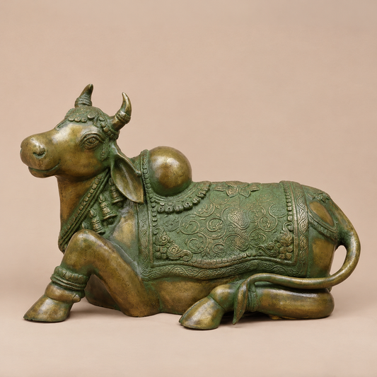 Brassaura® Nandi Bull Reclining Idol with Green Algae Finish | Pure Superfine Brass Handcrafted Murti | Brass Statue for Home Temple, Pooja Room | Height 14 Inches | Weight 18.2 Kgs